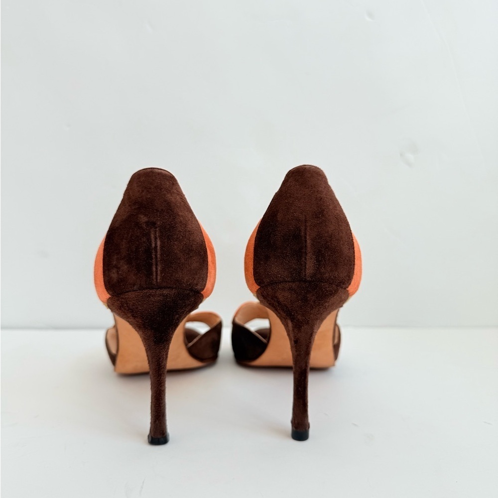 Manolo Blahnik Brown Suede Scalloped Multicolor Appliqué peep Toe heels EU 36.5 - Picture 4 of 7